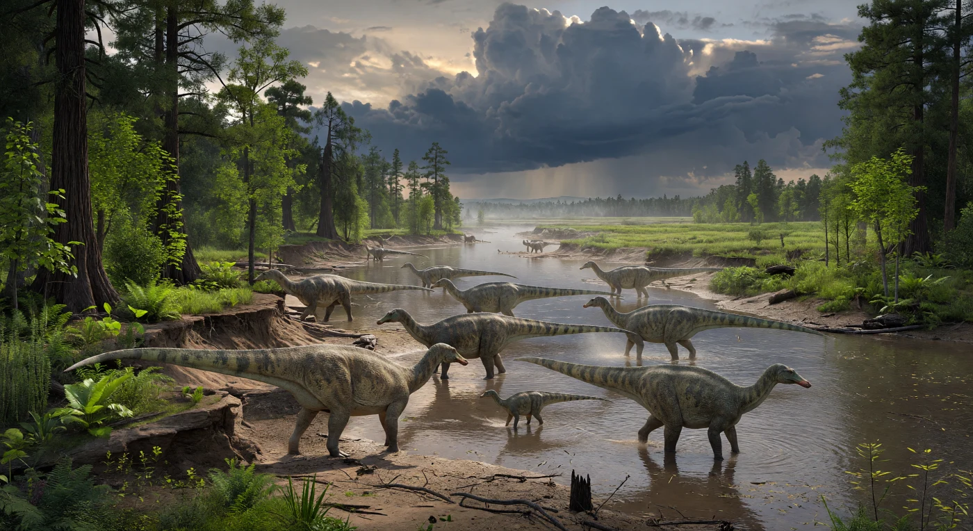 Su una pianura alluvionale umida della Formazione di Hell Creek, nel Nord America occidentale di Laramidia, un branco di Edmontosaurus annectens avanza nell’acqua torbida di un canale fangoso, sollevando nuvole di limo sotto un cielo carico di tempesta. Questi grandi adrosauri dal “becco d’anatra”, lunghi fino a circa 10 metri, vivevano tra 67 e 66 milioni di anni fa, proprio negli ultimi istanti del Cretaceo, in un paesaggio di conifere taxodiacee, alberi a fiore primitivi, felci ed equiseti. La scena restituisce un ecosistema fluviale caldo e stagionalmente piovoso, poco prima dell’estinzione di massa che avrebbe cancellato tutti i dinosauri non aviani.