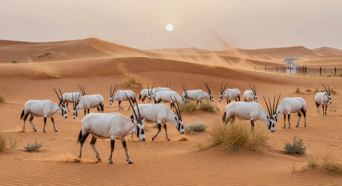 Un branco di quindici orici d'Arabia attraversa le sinuose dune color ocra del Rub' al Khali, sfidando i veli di sabbia sollevati dal vento shamal che offuscano l'orizzonte. Un tempo estinti in natura, questi maestosi ungulati dai mantelli candidi e dalle corna affilate sono oggi il simbolo dei sofisticati programmi di conservazione del XXI secolo, supportati da tecnologie all'avanguardia come le stazioni di monitoraggio a energia solare visibili in lontananza. L'immagine cattura la resilienza della fauna selvatica mediorientale nell'era digitale, dove l'innovazione scientifica si intreccia con la tutela di un patrimonio naturale millenario.