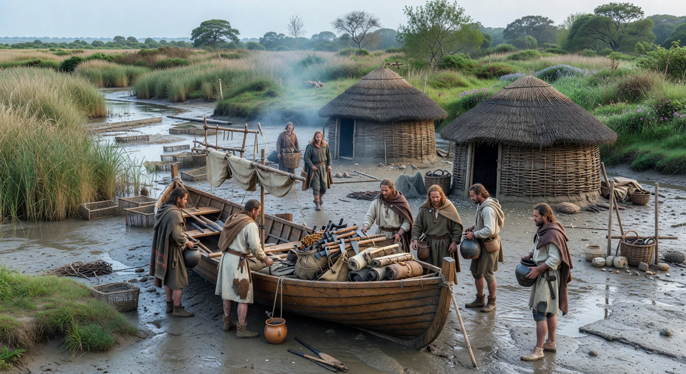 À marée basse, sur un estuaire du sud de la Bretagne ou de la Grande-Bretagne vers le XIIIe siècle av. J.-C., des marins vêtus de lourds manteaux de laine déchargent d’un bateau en planches cousues des outils de bronze, des peaux, des sacs de cuir et de grandes jarres de céramique sur une grève luisante de vase. Autour d’eux, des nasses en osier, des roseaux salés et de modestes maisons rondes rappellent une communauté côtière vivant de la pêche, du sel et des échanges. La scène illustre le monde atlantique de l’âge du Bronze, où des embarcations robustes reliaient les rivages de Bretagne, des îles Britanniques et au-delà, faisant circuler métaux, ambre, savoir-faire et objets de prestige bien avant les ports monumentaux de l’Antiquité.