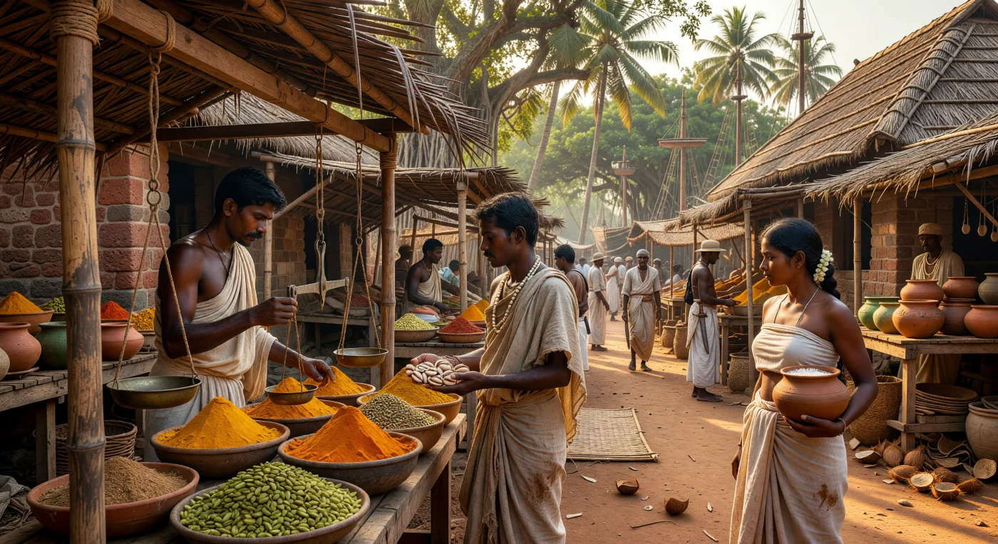 Au cœur du port de Quilon sur la côte de Malabar, un marchand dravidien pèse méticuleusement du curcuma doré et de la cardamome sur des balances en bronze, illustrant la prospérité du commerce des épices au XIIe siècle. Sous des auvents de palmes, les habitants échangent des cauris contre des denrées précieuses ou du vin de palme, tandis que les mâts des navires de l'Empire Chola se profilent à l'horizon. Cette scène capture l'effervescence d'un carrefour maritime majeur du Moyen Âge central, où l'architecture en pierre de latérite et les tissus de mousson témoignent d'une culture richement adaptée à l'environnement tropical de l'Inde du Sud.