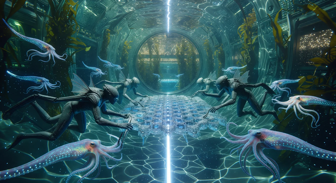 Au cœur de l’Ère Galactique (v. 5 000 – 20 000 apr. J.-C.), cette vue illustre la maintenance d'un réseau de capteurs en lonsdaléite au sein d'un cylindre d'O'Neill aquatique en orbite autour du Soleil. On y observe des Marcheurs du Vide, une forme post-biologique de l'humanité protégée par une cuticule de protéines de plomb, collaborant avec des céphalopodes bio-ingéniérés pour entretenir les infrastructures vitales de la civilisation du Cœur de Sol. Dans cet environnement de perfluorocarbone liquide, ces organismes hautement spécialisés témoignent de l'adaptation radicale de la vie aux exigences énergétiques d'une société de type Kardashev II, sous l'éclat lointain de l'essaim de Dyson.