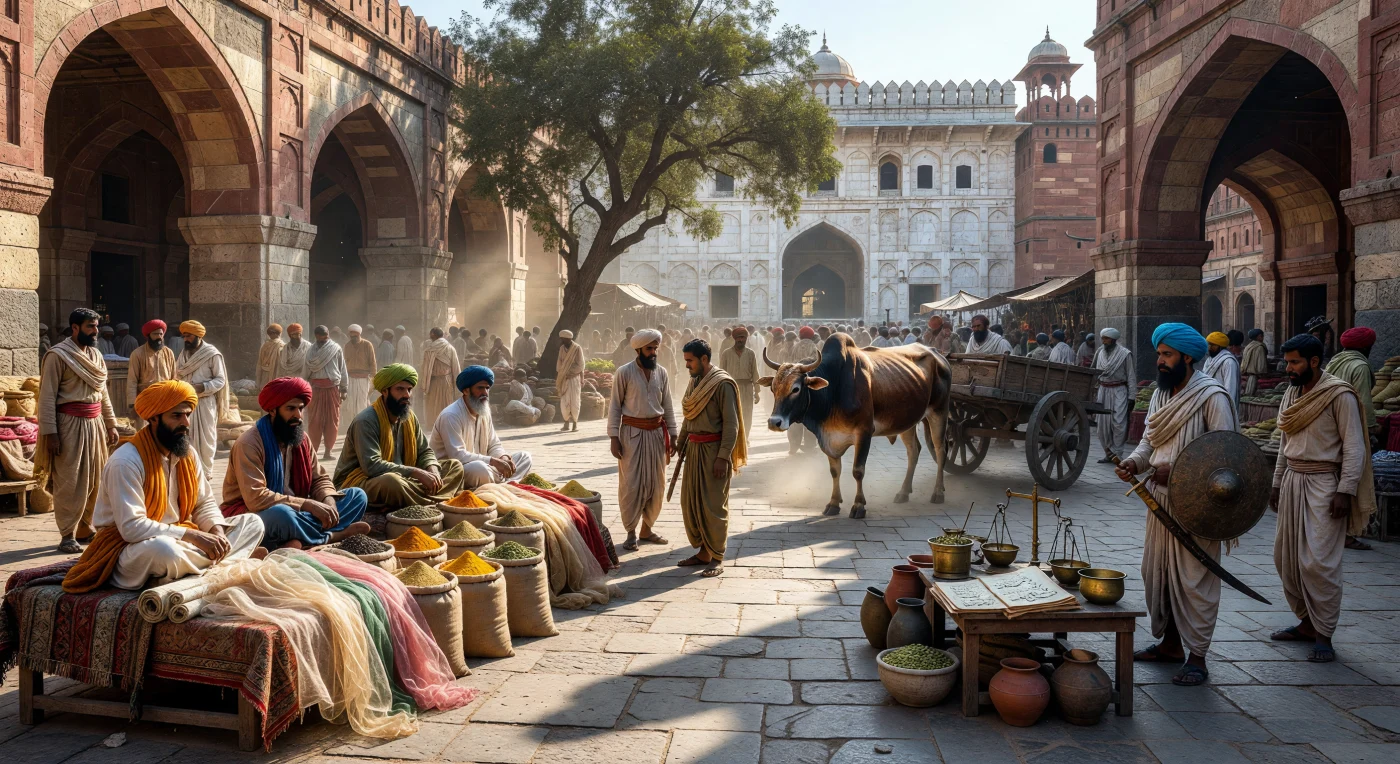 Deze levendige markt in het 14e-eeuwse Sultanaat van Delhi toont handelaren in kleurrijke *jamas* en tulbanden die kostbaar musseline en specerijen verhandelen onder monumentale bogen van rood zandsteen. De architectuur, gekenmerkt door robuuste muren en gepolijst kalkpleisterwerk, weerspiegelt de Indo-Islamitische synthese van de Tughlaq-dynastie in een tijdperk waarin Zuid-Azië het centrum van de wereldhandel vormde. Tussen de zware Zebu-ossen en de bewuste afwezigheid van gewassen uit de Nieuwe Wereld vangen we een authentieke blik op de culturele en economische dynamiek van deze middeleeuwse metropool.