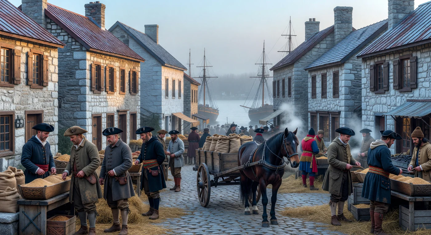 Op een kille ochtend rond 1750 bruist de Basse-Ville van Quebec van de handel, waar kooplieden in traditionele *capotes* en driekante steken samenkomen op het vochtige plaveisel. Tussen de robuuste stenen gebouwen met hun karakteristieke tinnen daken worden zware karren vol tarwe en esdoornsuiker verhandeld, terwijl de masten van handelsschepen opdoemen in de mist van de Saint Lawrence-rivier. Dit tafereel illustreert de economische vitaliteit van Nieuw-Frankrijk en toont de unieke versmelting van Europese tradities met de uitdagingen van het Noord-Amerikaanse klimaat.