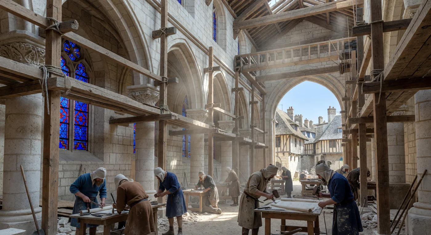 Skilled masons in 1180s Paris meticulously carve Lutetian limestone blocks beneath a soaring network of timber scaffolding and the newly formed pointed arches of an early Gothic cathedral. This scene captures the transition from Romanesque to Gothic architecture, a period defined by the innovative use of massive treadwheel cranes, iron tools, and vibrant stained glass to reach unprecedented vertical heights. The laborers, dressed in period-accurate wool tunics and linen coifs, reflect the immense communal effort and engineering prowess that transformed the urban landscape of Capetian France during the High Middle Ages.