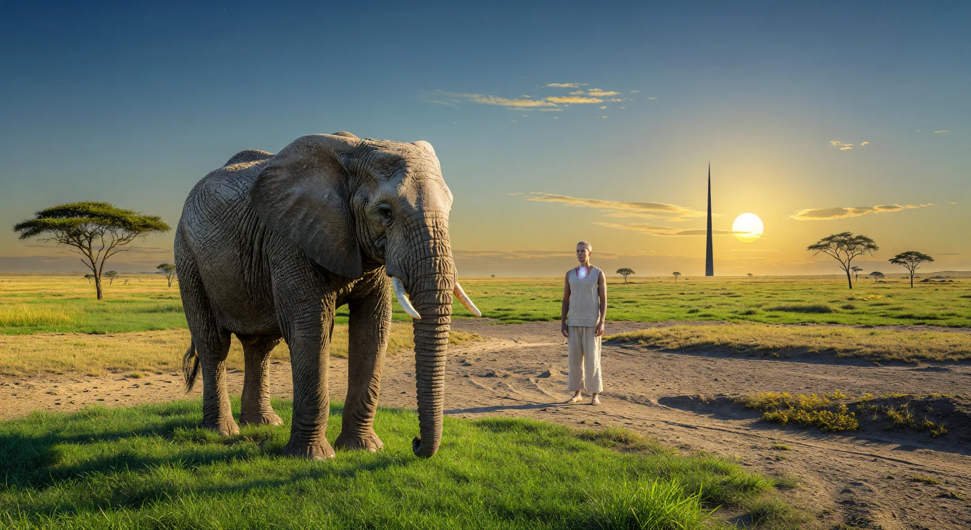 Set in the far-future era of 450,000 C.E., this scene illustrates Terra Memoria, a planetary-scale museum dedicated to preserving Earth’s lost biological heritage through advanced genetic and geological engineering. A high-fidelity Bio-Replica of a matriarch African elephant (*Loxodonta africana*) grazes on hyper-managed Kikuyu grass, maintained within a pristine environment where atmospheric nanobots ensure absolute clarity. In the distance, a colossal Gravitational Anchor Pin stabilizes the African tectonic plate, while the sky is illuminated by a Sol-Dyson Shell designed to mimic the exact spectral warmth of the Holocene epoch.