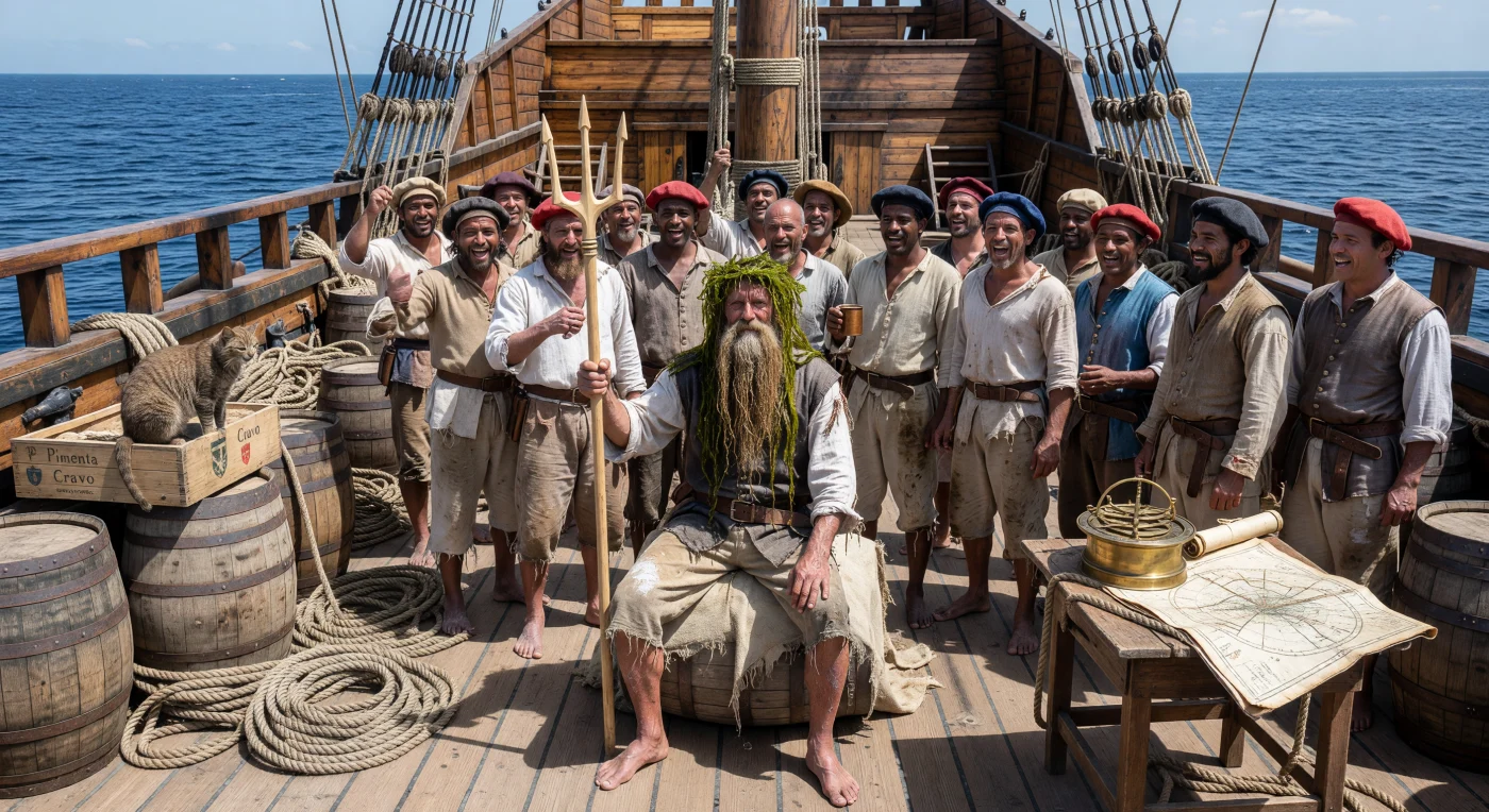 Op het zonovergoten dek van een 16e-eeuwse Portugese kraak vieren zeelieden de oversteek van de evenaar, een ritueel waarbij een matroos verkleed als koning Neptunus met een kroon van zeewier en een houten drietand de ceremonie leidt. Te midden van navigatie-instrumenten zoals het astrolabium bood dit luidruchtige feest een zeldzaam moment van ontspanning tijdens de zware ontberingen en isolatie van de lange ontdekkingsreizen. Deze traditie benadrukt de unieke maritieme cultuur en de kameraadschap van de multi-etnische bemanningen die tijdens de Renaissance de wereldzeeën voor het eerst met elkaar verbonden.