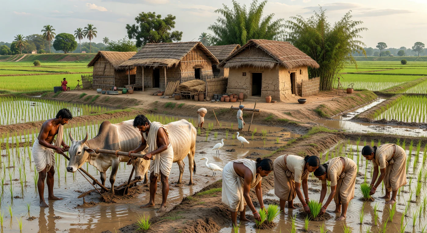 In the humid lowlands of 3rd-century BC Magadha, cultivators guide zebu oxen through flooded rice paddies while others transplant seedlings by hand, their simple cotton wraps and bare feet suited to the muddy labor of the monsoon season. The scene reflects the agricultural wealth of the Mauryan heartland in the middle Ganges plain, where rice farming helped sustain one of South Asia’s first large empires. Mud-plastered wattle-and-daub houses, thatched roofs, and everyday objects such as coarse pottery and woven baskets evoke the material world of an ordinary rural hamlet connected, however distantly, to the great urban center of Pataliputra.