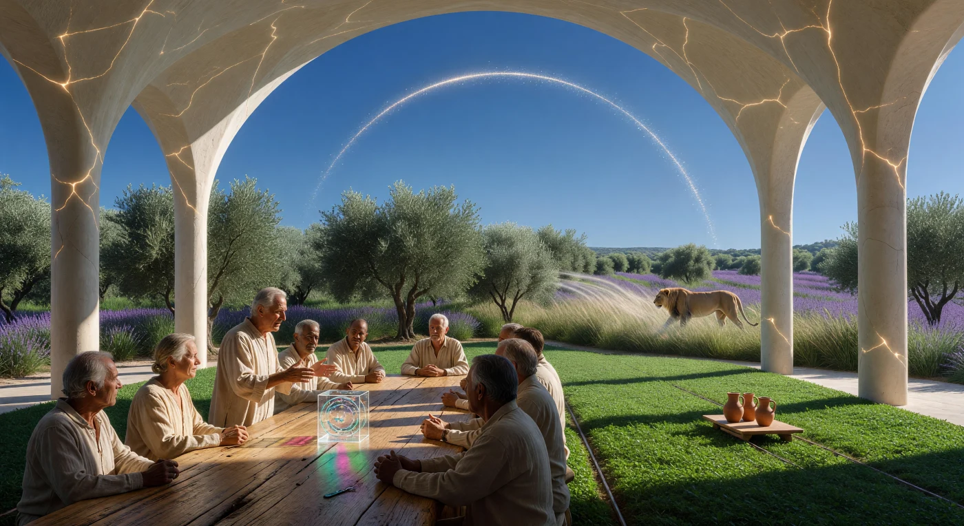 In this scene from the Cosmic Maturity era (c. 24,500–98,000 CE), unaugmented humans gather for a land-use debate within a Bio-Pure Enclave on a restored Mediterranean coast. Seated at a table of resurrected Lebanese cedar (Cedrus libani), these "Baseline" citizens utilize fluidic logic devices to maintain a society free from digital augmentation. The surrounding landscape features de-extincted Atlas lions (Panthera leo leo) and genetically optimized flora, all sheltered beneath the shimmering arc of a Dyson swarm that signifies a Type II civilization’s stewardship over the solar system.