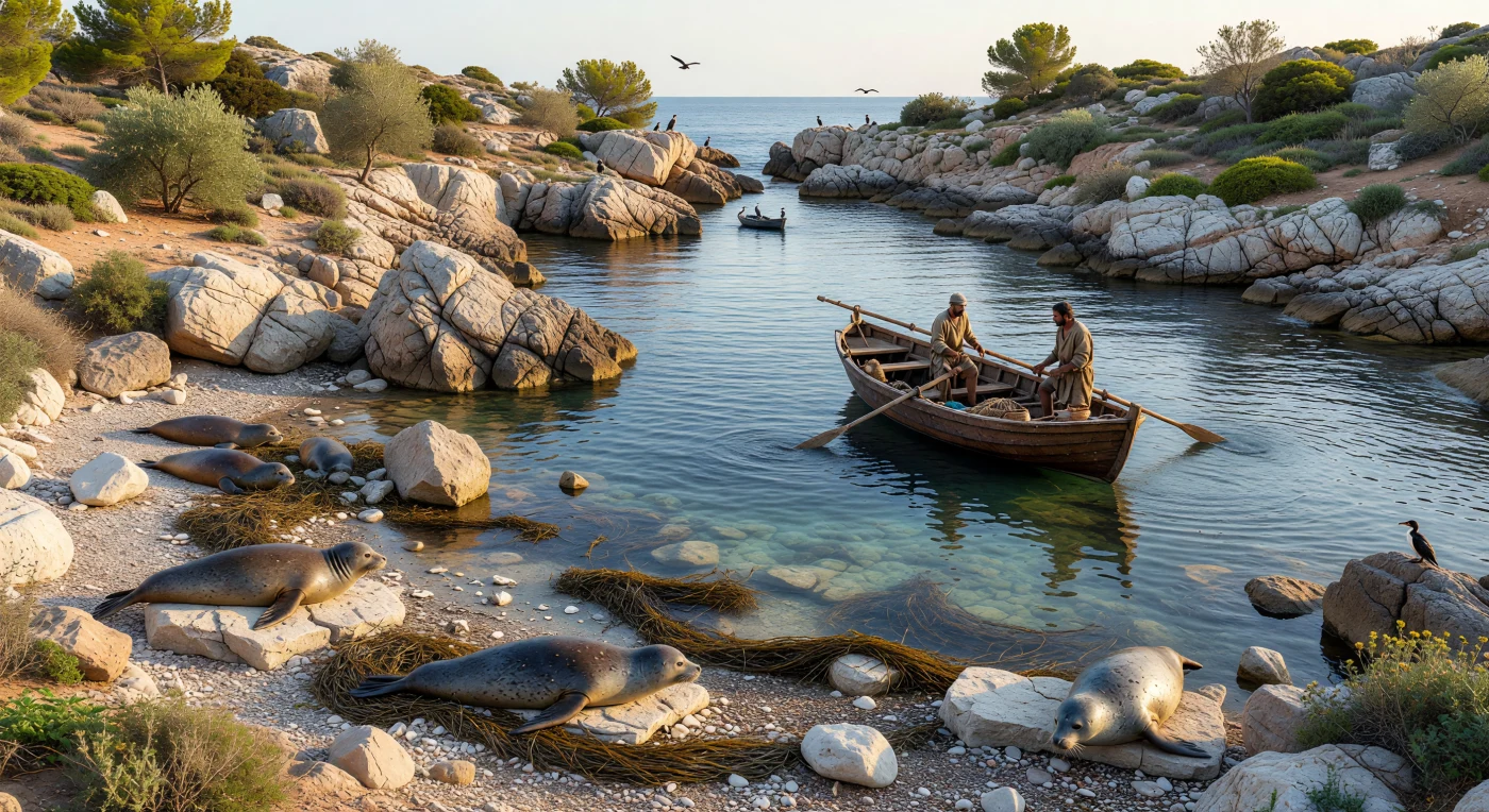 On a secluded Mediterranean cove, monk seals lie sprawled across pale limestone rocks strewn with dried Posidonia seagrass, while a small open fishing boat approaches over clear, calm water beneath circling seabirds. Such scenes would have been familiar along Iron Age shores from roughly the 7th to 5th centuries BC, where coastal people used simple plank-built craft, nets, rope, and baskets to harvest the sea. The image evokes a maritime world shaped as much by quiet inlets, fishing grounds, and wildlife as by the better-known ports and trading routes of the ancient Mediterranean.