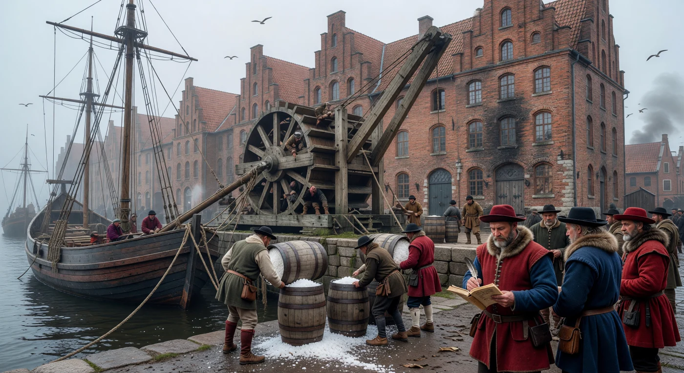 Bajo la bruma matutina del Báltico, mercaderes de la Liga Hanseática supervisan la descarga de pesados barriles de sal, el «oro blanco», mediante una imponente grúa de rueda de madera en el puerto de Lübeck. Esta próspera ciudad alemana funcionaba como el corazón comercial del norte de Europa, donde los almacenes de estilo gótico báltico y las robustas naves tipo «kogge» resguardaban las riquezas que sostenían la economía regional. La escena captura el apogeo del poderío marítimo bajomedieval, destacando la importancia de la sal para la conservación de alimentos y la sofisticada infraestructura portuaria que conectaba los mares del norte.