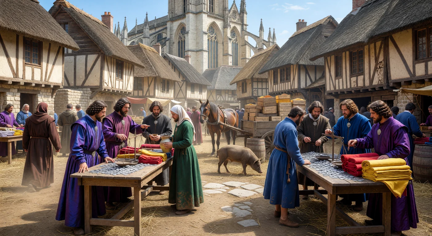 In questa vivace piazza di Provins, mercanti italiani avvolti in sete preziose negoziano con commercianti fiamminghi tra rotoli di lana tinta e pile di denari d'argento. Le Fiere della Champagne costituivano il fulcro commerciale dell'Europa del XIII secolo, agendo come punto d'incontro vitale tra le rotte del Mediterraneo e le produzioni del Nord. Sullo sfondo, l'imponente architettura gotica e le caratteristiche case a graticcio testimoniano la straordinaria prosperità economica e il fervore urbano che caratterizzarono il cuore del Medioevo.