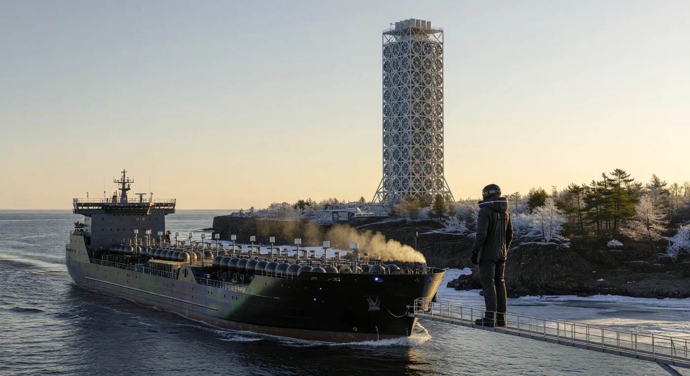 Nel Mare di Laptev della metà del XXI secolo (2025-2050), un imponente cargo autonomo ad idrogeno attraversa acque un tempo perennemente ghiacciate, riflettendo l'ombra di una torre di estrazione della CO2 che domina il paesaggio basaltico della Siberia. Questo scenario illustra l'era della "Soglia", una fase di transizione climatica e tecnologica in cui l'Asia settentrionale è divenuta il fulcro energetico globale grazie alla fusione nucleare e al controllo atmosferico attivo. Sulla costa, larici bioingegnerizzati per il sequestro del carbonio tentano di colonizzare il permafrost sgelato, monitorati da esseri umani boreo-adattati, una popolazione di *Homo sapiens* i cui tratti biologici sono stati modificati tramite CRISPR per resistere al freddo estremo di questa nuova frontiera industriale.