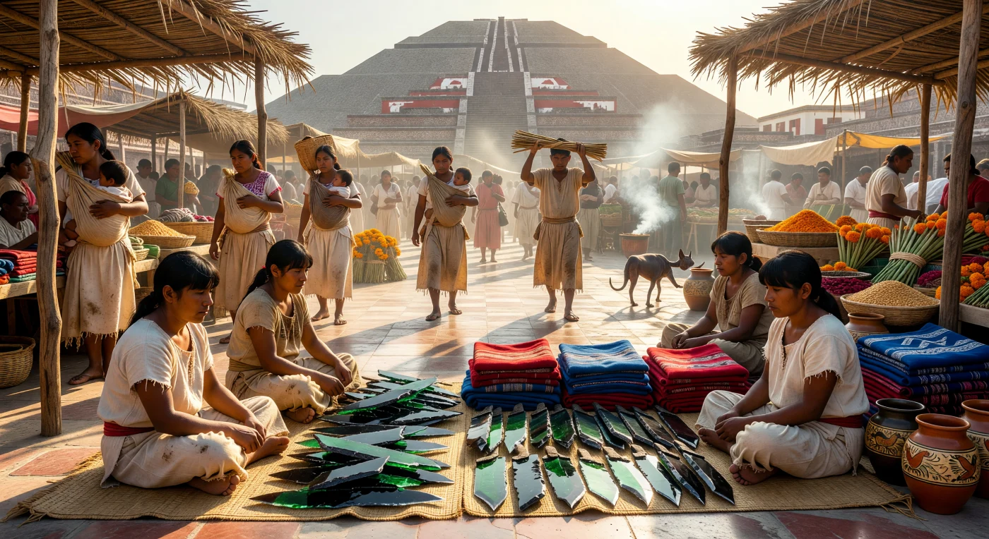 In questa veduta del Gran Complesso di Teotihuacan verso il 600 d.C., la maestosa Piramide del Sole domina un vivace mercato dove i mercanti scambiano preziosa ossidiana verde di Pachuca e tessuti finemente decorati. Tra i fumi dell'incenso di copale, la popolazione locale in vesti di fibra di maguey svolge le proprie attività quotidiane in una piazza pavimentata di stucco, affidandosi esclusivamente alla forza umana per il trasporto delle merci. Questa scena cattura l'apice della "Città degli Dei", un centro cosmopolita dove l'artigianato specializzato e l'architettura monumentale riflettevano la straordinaria potenza economica e spirituale del Messico centrale.