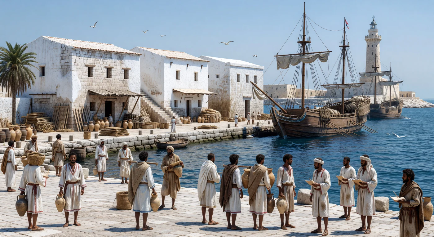 On the quays of Alexandria’s Great Harbor, laborers and merchants from across the eastern Mediterranean and the Nile world unload amphorae, grain sacks, and bundled goods beneath the bright light of the Egyptian coast. The scene reflects the late Ptolemaic period, when Alexandria was one of the busiest ports of Classical Antiquity, linking Egypt’s immense grain wealth to Greek, Levantine, Cypriot, and wider Mediterranean markets. In the distance, the towering Pharos lighthouse signals the city’s role as a cosmopolitan center of maritime trade, administration, and cultural exchange.