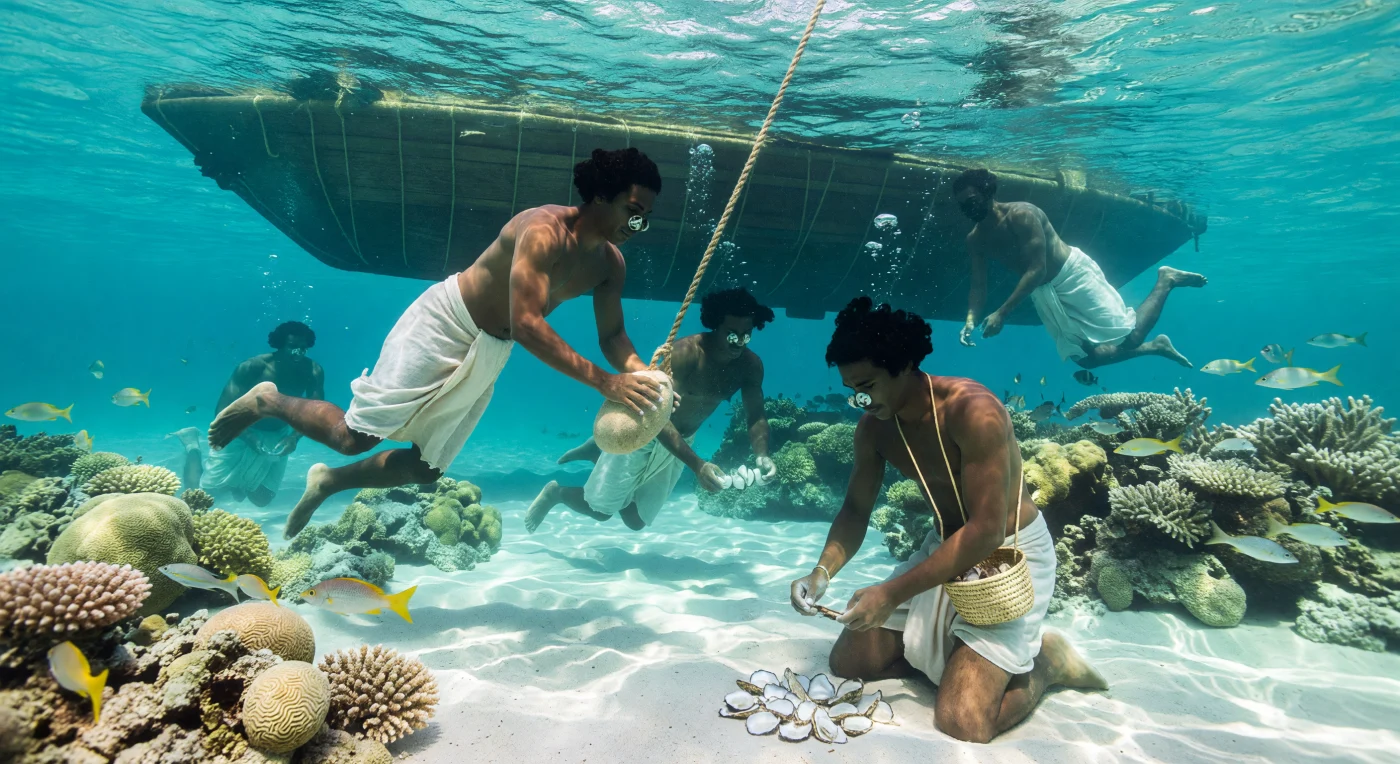 Sob as águas cristalinas do Golfo Pérsico por volta de 800 d.C., mergulhadores árabes utilizam pesos de pedra para alcançar o leito marinho e colher ostras perlíferas entre recifes de coral vibrantes. Equipados apenas com prendedores de nariz de casco de tartaruga e cestos de fibra de palmeira, estes homens sustentavam uma das rotas comerciais mais lucrativas do Califado Abássida. Esta prática milenar no "Mar de Zanj" exigia uma resistência física extraordinária, fornecendo as pérolas que adornavam a nobreza desde Bizâncio até a China Imperial.