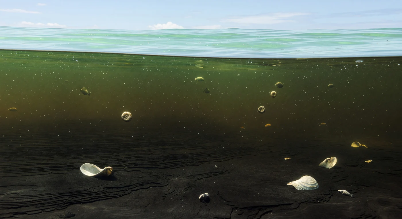 A calm, plankton-rich equatorial sea during a mid-Cretaceous Oceanic Anoxic Event is shown in partial cutaway, with bright turquoise surface waters fading downward through a murky chemocline into dark, oxygen-starved depths above a seafloor of black organic mud. Scattered shells of inoceramid bivalves rest on the nearly lifeless bottom, while only a few ammonites and fish occupy the better-oxygenated upper water. Such episodes, common in parts of the Tethys and proto-Atlantic around roughly 120–90 million years ago, helped generate the laminated black shales that record times of exceptional marine productivity and deep-water stagnation.