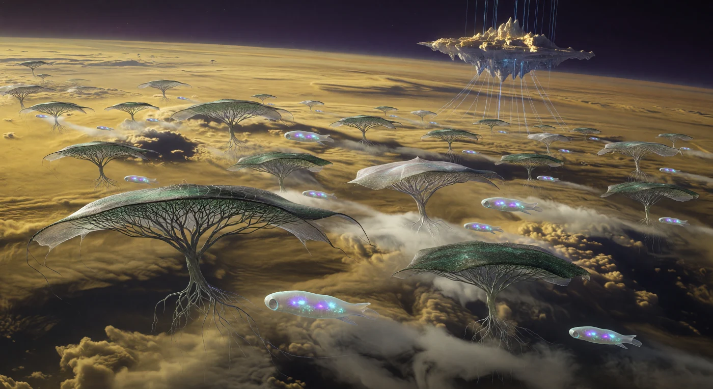 Au cœur de l'Ère Galactique (v. 5 000 – 20 000 apr. J.-C.), de gigantesques « Arbres-Vents » de cinq kilomètres d'envergure migrent dans la troposphère ambrée d'une géante gazeuse, déployant des membranes en nanotubes de carbone pour la photosynthèse. Ces organismes colossaux, dont les racines bioluminescentes puisent des minéraux dans les brumes d'ammoniac, cohabitent avec les Nebulites, des post-humains fusiformes utilisant des vessies d'hydrogène pour naviguer dans les courants-jets. À l'horizon, des cités-flèches en aérogel et des tresses électrodynamiques illustrent la maîtrise énergétique d'une civilisation de type Kardashev II au sein de cet environnement fluide et sans sol.