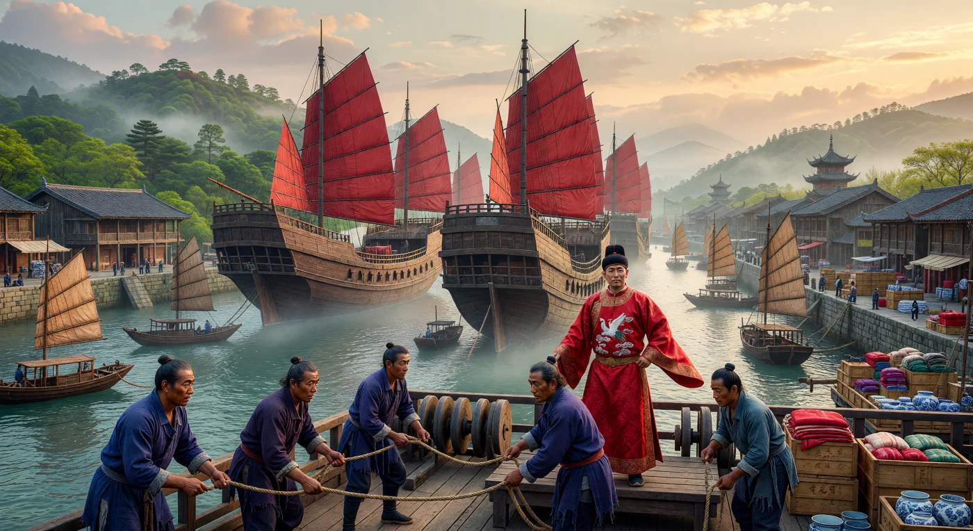 In this 15th-century scene, the legendary Ming Treasure Fleet prepares to depart from the bustling port of Quanzhou during the early reign of the Yongle Emperor. At the center are the massive, nine-masted "Baochuan" (Treasure Ships), featuring distinctive red battened sails and advanced watertight hull construction that allowed them to dominate the maritime Silk Road. On deck, a high-ranking official in a silk "Yuanlingshan" robe oversees sailors as they ready the vessels for a voyage of diplomacy and trade across the Indian Ocean. These expeditions, led by Admiral Zheng He, represented the pinnacle of Chinese naval technology and the Ming Dynasty’s unprecedented global reach.