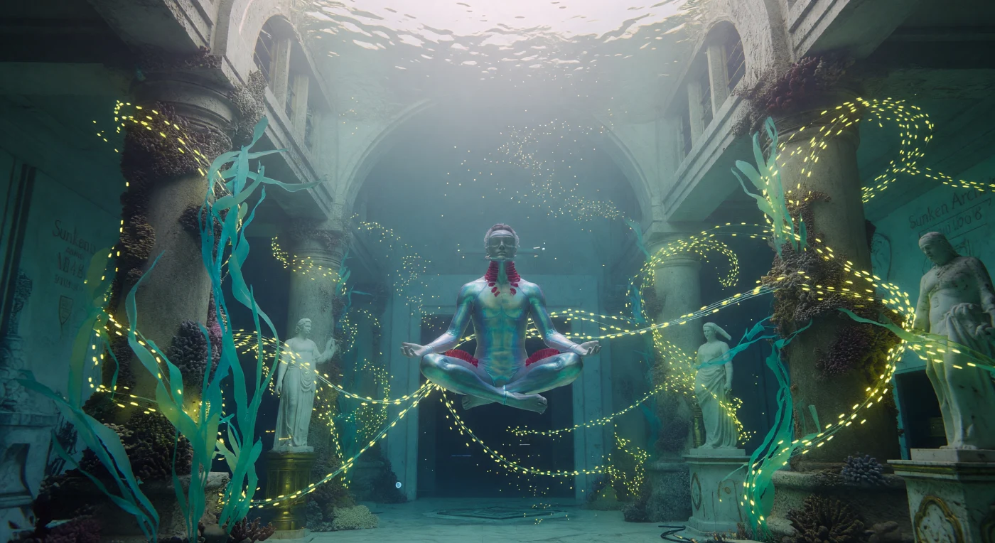 यह दृश्य वर्ष 2048 के मियामी का है, जहाँ एक जल-संवर्धित (aqua-augmented) मानव एक डूबी हुई ऐतिहासिक इमारत के भीतर 'गहन मौन' का अभ्यास कर रहा है। इनकी देह पर हाइड्रोफोबिक लिपिड-पॉलीमर की सुरक्षात्मक परत है और गर्दन पर विकसित कृत्रिम गलफड़े (S-Gills) सीधे रक्त वाहिकाओं से ऑक्सीजन सोखते हैं, जबकि आसपास फैले जैव-दीप्तिमान बैक्टीरिया डेटा संचार के तंतुओं के रूप में चमक रहे हैं। 'द थ्रेशोल्ड' (2025–2050) नामक इस संक्रमण काल में, मानवता ने सिम्बियो-सिरेमिक कोरल और उन्नत आनुवंशिकी के माध्यम से डूबते शहरों को एक नए जलीय पारिस्थितिकी तंत्र में ढाल लिया है।