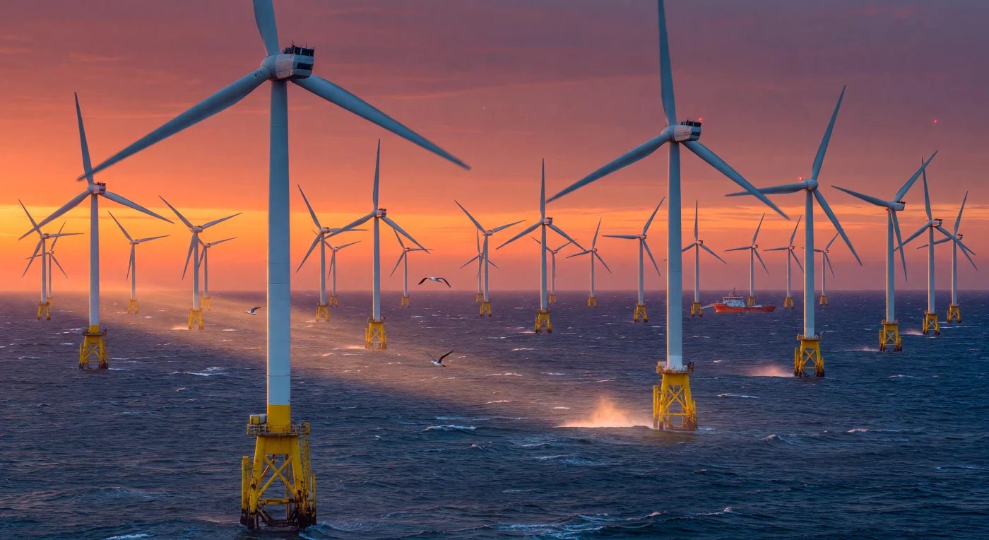 Un reticolo di imponenti turbine eoliche in materiale composito si erge per oltre cento metri sopra le acque blu acciaio del Mare del Nord, con le enormi pale che catturano i riflessi aranciati di un tramonto dell'inizio del XXI secolo. Queste strutture monumentali, dotate di basi giallo brillante e sofisticati sistemi di monitoraggio satellitare, simboleggiano la transizione dell'Era Digitale verso le energie rinnovabili e la trasformazione industriale dei paesaggi oceanici. Tra la nebbia salina, la sagoma di una nave di supporto e il volo delle sule settentrionali rivelano la vasta scala logistica necessaria per sostenere questa nuova frontiera tecnologica in mare aperto.