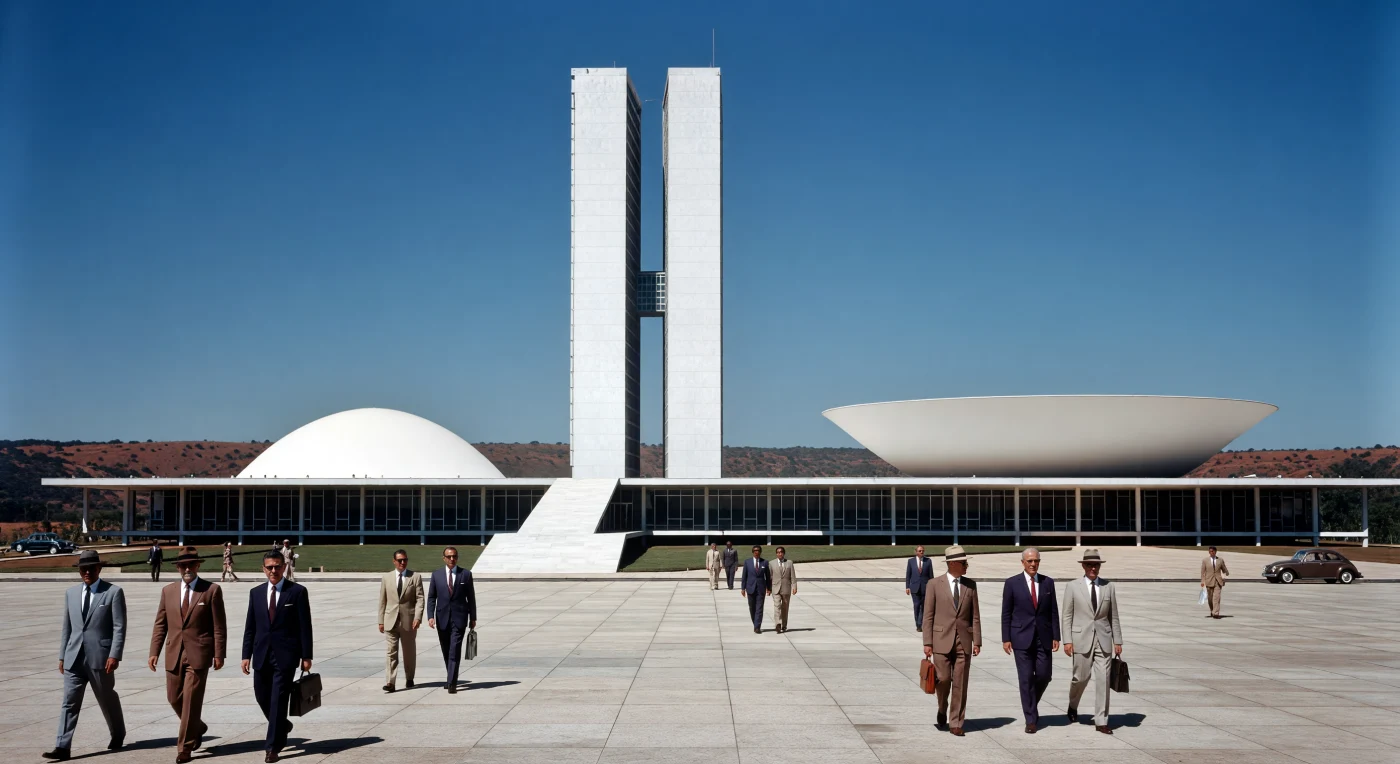 Die Aufnahme zeigt den Nationalkongress in Brasília kurz nach seiner Einweihung im Jahr 1960, geprägt durch die ikonischen weißen Kurven von Oscar Niemeyers modernistischen Betonbauten und die weitläufige Praça dos Três Poderes. Vor der Kulisse der roten Erde des brasilianischen Hochlands bewegen sich Staatsbedienstete in schmal geschnittenen Anzügen über den minimalistischen Platz, was den optimistischen Zukunftsgeist dieser künstlich erschaffenen Hauptstadt verkörpert. Als monumentales Symbol für den Aufbruch des Landes in die Moderne verdeutlicht dieses Ensemble den radikalen architektonischen Fortschrittsglauben der Nachkriegszeit in Amerika.