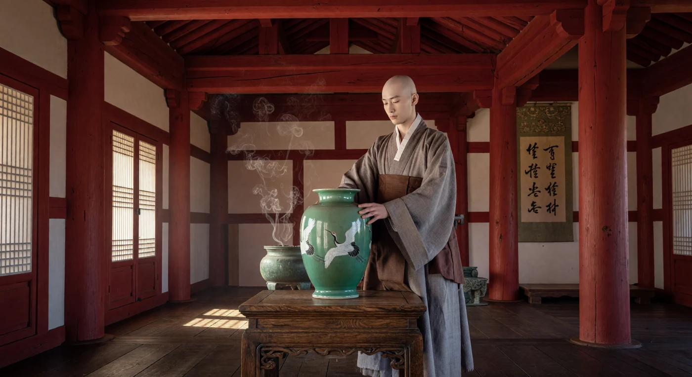 Un moine bouddhiste de la période Goryeo dépose avec une sérénité attentive un vase *maebyeong* en céladon sur un autel en bois d'orme sculpté, au cœur d'un temple à l'architecture raffinée. Ce récipient, célèbre pour sa glaçure vert jade et ses motifs de grues incrustés selon la technique *sanggam*, témoigne de l'apogée artistique de la Corée du XIIe siècle. L'intérieur du sanctuaire, baigné par une lumière filtrée à travers des écrans de papier *hanji*, dévoile des colonnes rouge cinabre et un sol poli dissimulant le système de chauffage traditionnel *ondol*.