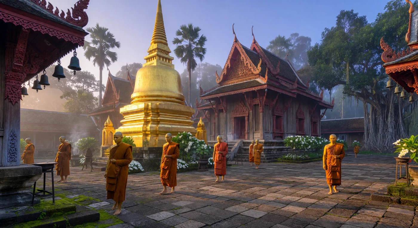Au lever du jour, une procession de moines bouddhistes Theravada, vêtus de robes safran teintes aux pigments naturels, traverse une cour de grès vers un majestueux stūpa étincelant de feuilles d'or. Ce complexe sacré du XVIe siècle, avec ses temples en teck sombre et ses sculptures vermillon complexes, témoigne de l'apogée artistique et spirituelle des grands royaumes d'Asie du Sud-Est, tels qu'Ayutthaya ou l'Empire Toungoo. Entre les clochettes de bronze tintant dans la brume tropicale et les effluves d'encens, cette scène capture la dévotion quotidienne immuable qui animait les cités florissantes de cette période de la Renaissance asiatique.