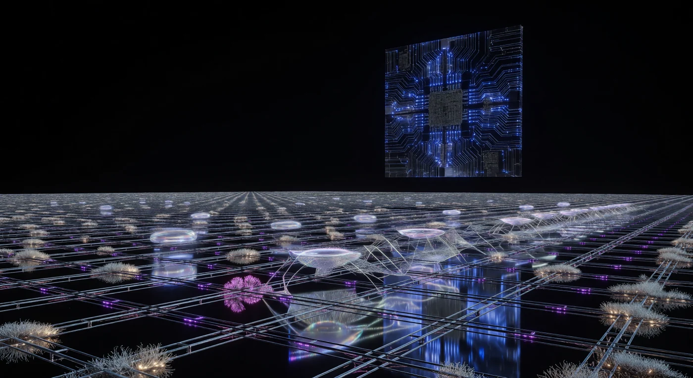 Set during the Horizon Era (c. 100,000–1,000,000 CE), this vista showcases a post-biological manufacturing field on a Dyson shell where ultra-cold Bose-Einstein Condensate printers weave frictionless carbon-nanotube lattices. A massive crystalline Monolith—a city-sized processor housing billions of Substrate-Independent Beings—looms over a geometric plain of polished silicon, illuminated by the deep magenta glow of planetary-scale radiator fins. In this high-efficiency environment, the only remnants of organic-adjacent life are "vacuum-feral" silicon mosses, extremophiles that harvest trace thermal energy from the cold, computational landscape.