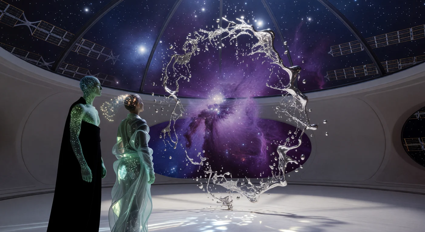 Within a Dyson-swarm habitat overlooking the Orion Nebula, a post-human "Eternal" and a biological-plus observer contemplate a sculpture of molten iridium suspended in a localized stasis field. This scene from the era of Cosmic Maturity (c. 20,000–100,000 CE) highlights a civilization that has moved beyond resource scarcity to treat the laws of physics as a medium for artistic expression. The figures demonstrate the period's "Asymmetric Sublime" morphology and programmable "Neutrino-Lattice" attire, reflecting a culture where biological form and fashion have merged into a seamless, technologically-augmented interface.