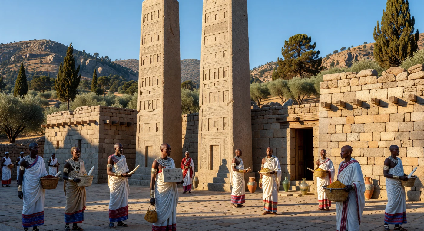 In the heart of the 4th-century Kingdom of Aksum, monolithic granite stelae rise above a bustling courtyard constructed with distinctive "monkey-head" masonry and precision-cut ashlar stone. Elite Aksumites, draped in finely woven white cotton garments with vibrant borders, oversee the arrival of trade goods including ivory, frankincense, and Mediterranean glassware. This scene captures the sophisticated urban culture of the Ethiopian Highlands at its peak, highlighting a powerful maritime empire that used the Ge'ez script and served as a vital commercial link between the Roman Mediterranean and the Indian Ocean.