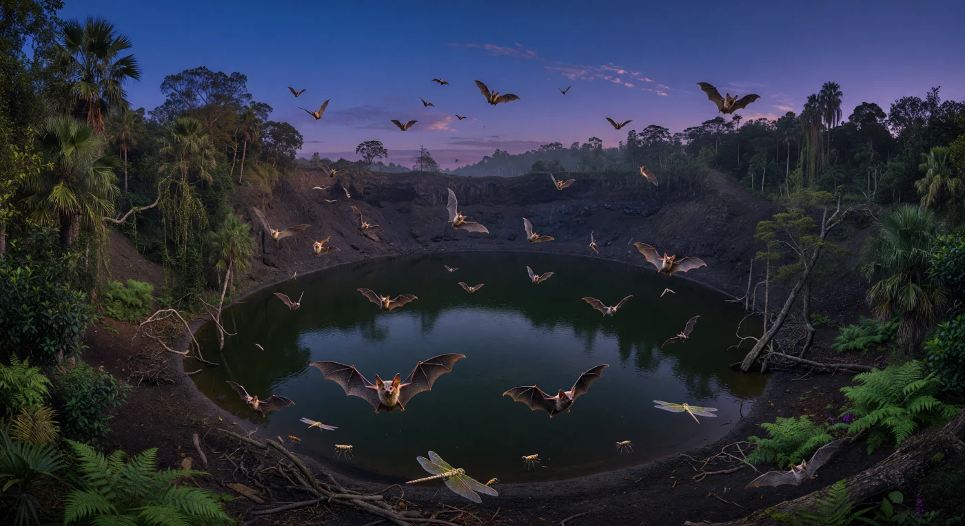 Ao crepúsculo sobre o lago de cratera de Messel, na atual Alemanha, pequenos morcegos primitivos — Onychonycteris finneyi e Icaronycteris index — esvoaçam em bandos soltos sobre a água escura e estratificada, perseguindo libélulas e outros insetos à superfície. Esta cena situa-se no Eoceno inicial, há cerca de 47 milhões de anos, quando um lago meromítico ocupava um maar vulcânico cercado por floresta paratropical densa, com palmeiras, loureiros, fetos e parentes da sequoia-do-alvorecer. Os seus esqueletos excecionalmente preservados em Messel revelam uma fase muito antiga da evolução dos morcegos, incluindo formas ainda com garras em todos os dedos e adaptações ao voo já bem desenvolvidas.