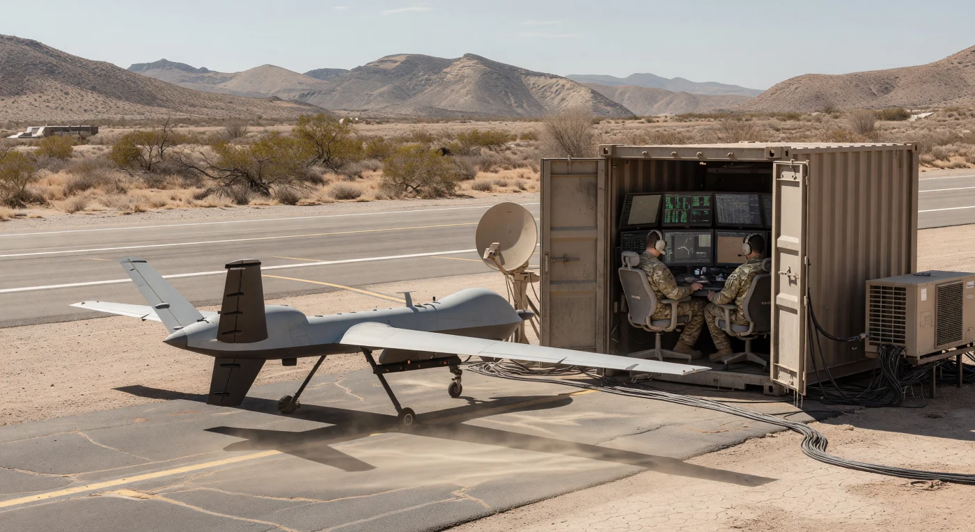 An MQ-9 Reaper drone sits stationary on a shimmering desert runway in the American Southwest, illustrating the mid-2010s transition toward unmanned aerial systems and remote warfare. Nearby, operators inside a climate-controlled shipping container manage the mission via satellite link, a defining characteristic of the Digital Age where advanced telecommunications decoupled the pilot from the physical cockpit. Clad in historically accurate multicam uniforms, these personnel monitor high-resolution data feeds and complex telemetry, reflecting an era defined by ubiquitous surveillance and the integration of digital infrastructure into global military operations.