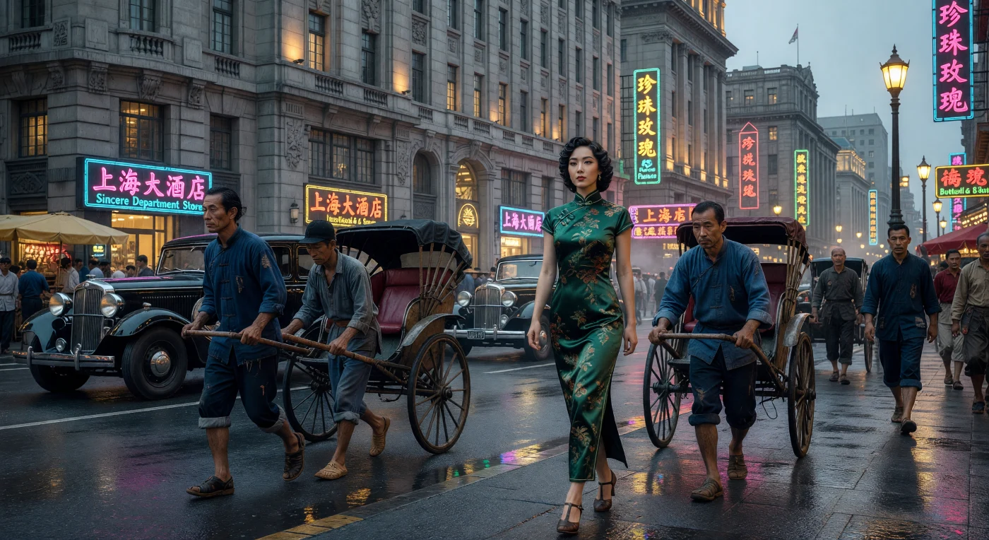 Una mujer sofisticada luce un elegante *qipao* de seda con motivos florales mientras camina frente a los imponentes edificios Art Déco del Bund en Shanghái durante el crepúsculo. La escena captura la vibrante contradicción de la década de 1930, donde los modernos letreros de neón y los automóviles de lujo compartían las calles mojadas con los esforzados tiradores de rickshaws vestidos con túnicas de algodón tradicional. Este periodo representó el auge de la "chica moderna" en una metrópolis cosmopolita que funcionaba como un dinámico punto de encuentro entre las tradiciones milenarias de China y la rápida modernización de influencia occidental.