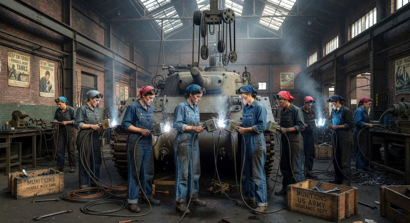 En esta vívida escena de 1943, un grupo diverso de trabajadoras suelda con precisión el casco de acero de un tanque M4 Sherman en el corazón de una fábrica de municiones norteamericana. Rodeadas por una compleja red de poleas industriales y el intenso resplandor de los arcos eléctricos, estas mujeres personifican la masiva movilización del frente interno durante la Segunda Guerra Mundial. Este esfuerzo monumental no solo fue crucial para el suministro bélico de los Aliados, sino que también marcó una transformación irreversible en la integración de la mujer en la industria pesada y en la estructura social de las Américas.