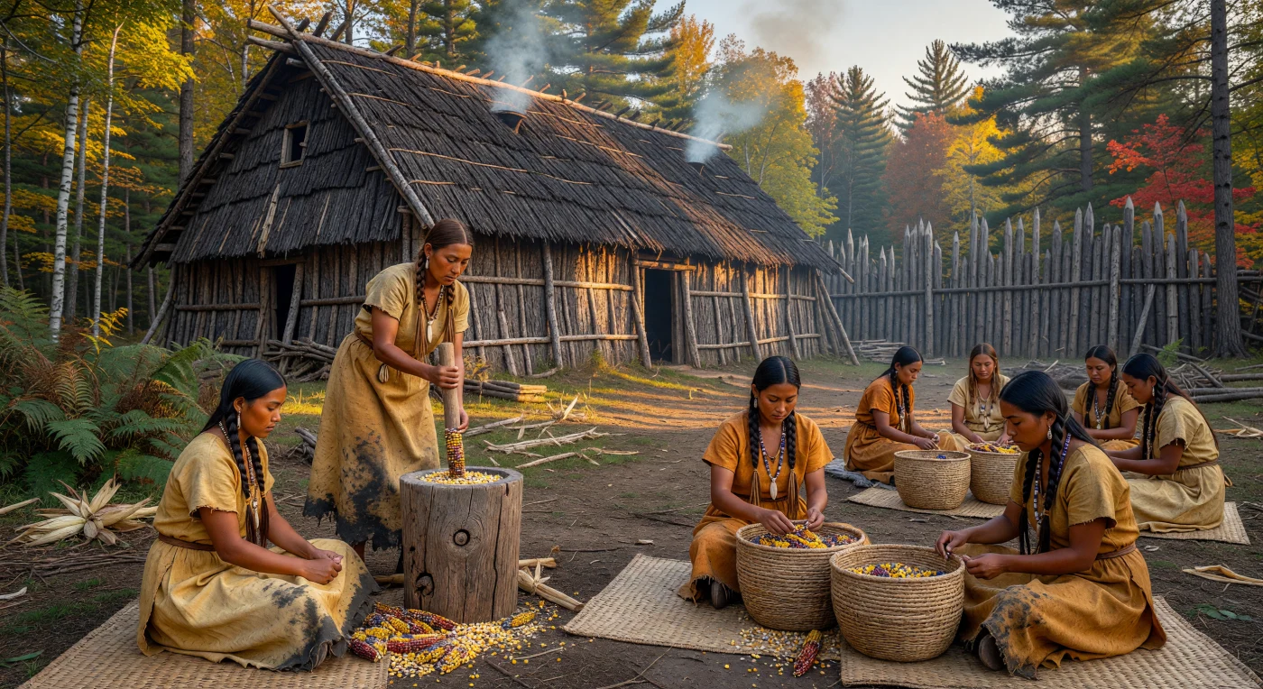 Mulheres Haudenosaunee moem milho seco em frente a uma imponente casa longa de casca de olmo, o centro da vida comunitária nesta aldeia fortificada do século XV. Situada nas florestas do nordeste da América do Norte, a cena ilustra a sofisticada organização social e a engenharia indígena que floresceram muito antes do contato europeu permanente. O uso de recursos naturais, como a pele de veado e a madeira, reflete a profunda integração entre a cultura iroquesa e o ecossistema das regiões que hoje compreendem o sul do Quebec e áreas vizinhas.