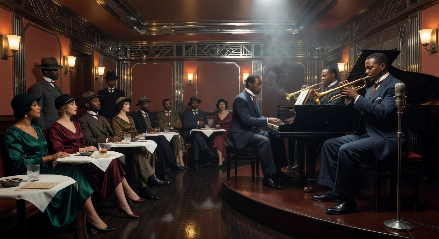 En este club de jazz subterráneo de Harlem hacia 1929, la arquitectura Art Deco brilla con molduras geométricas de cromo y un cálido resplandor de apliques de vidrio esmerilado que iluminan el ambiente cargado de humo. Músicos con elegantes trajes de lana interpretan melodías vibrantes frente a una audiencia sofisticada que luce vestidos de seda y sombreros cloché, capturando la esencia del Renacimiento de Harlem. Esta escena ilustra un hito cultural impulsado por la Gran Migración, donde la expresión artística y la sofisticación urbana redefinieron la identidad afroamericana durante el periodo de entreguerras.