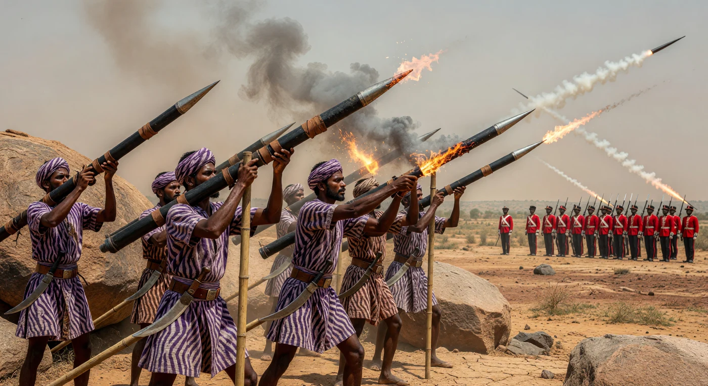 On the arid Deccan plateau, soldiers of the Kingdom of Mysore deploy innovative iron-cased rockets against advancing British East India Company forces during the late 18th-century Anglo-Mysore Wars. These specialized troops wear cotton tunics adorned with the "babri" tiger-stripe pattern, the personal emblem of Tipu Sultan, who championed these advanced projectiles to challenge colonial expansion. The use of forged iron casings allowed for higher internal pressures and greater range than contemporary European designs, marking a significant milestone in military technology that would later inspire the development of the British Congreve rocket.