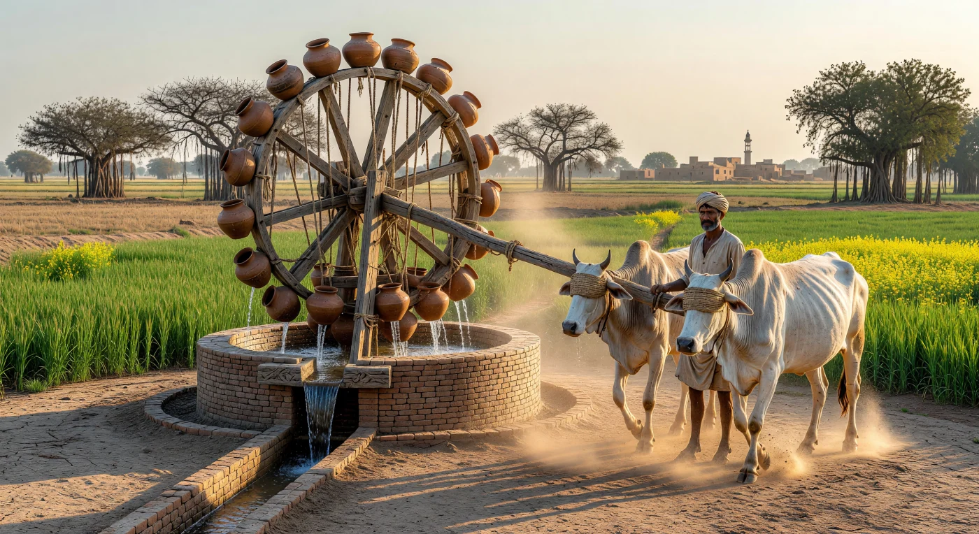 في ضياء العصر الذهبي لسهول البنجاب خلال القرن السادس عشر، يدور زوج من ثيران الزيبو المعصوبة الأعين في حركة دائرية منتظمة لتشغيل "الساقية"، وهي منظومة خشبية ضخمة ترفع المياه بواسطة أوانٍ فخارية من بئر عميقة مبنية من الآجر. يعكس هذا المشهد براعة الهندسة الزراعية في العهد المغولي، حيث تتدفق المياه العذبة عبر قنوات دقيقة لتروي حقول القمح والخردل الشاسعة، مؤمنةً شريان الحياة للمجتمعات الريفية. ويقف المزارع البنجابي بملابسه القطنية البسيطة مراقباً هذا العمل الإيقاعي، مما يجسد الرابط الوثيق بين التكنولوجيا التقليدية والبيئة الطبيعية في جنوب آسيا.