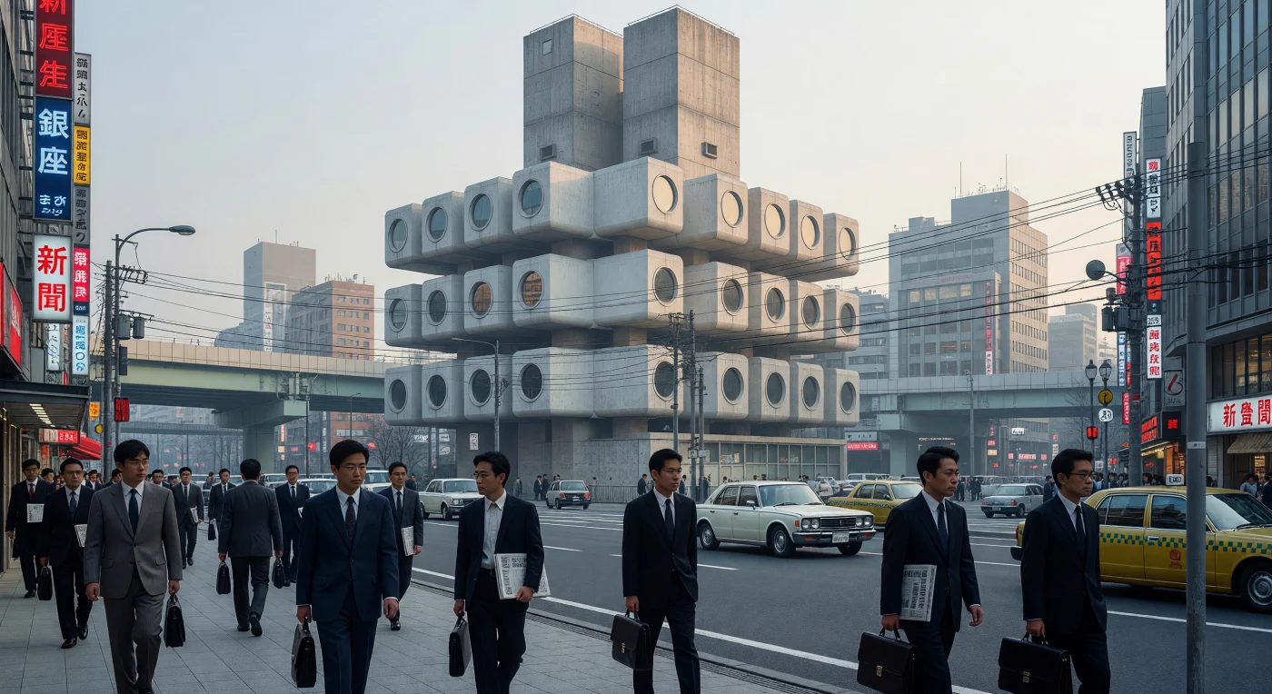 Completed in 1972, Kisho Kurokawa’s Nakagin Capsule Tower stands as a definitive icon of the Metabolist movement, envisioning a future of modular, replaceable living units in a rapidly densifying Tokyo. The scene captures the frantic energy of the Ginza district during the height of Japan’s "Economic Miracle," where corporate salarymen navigate a landscape of smog-filtered morning light and period-accurate Toyota Crown sedans. This architectural landmark represents a pivotal moment in postwar urban planning, blending avant-garde organicism with the industrial reality of a burgeoning global megalopolis.