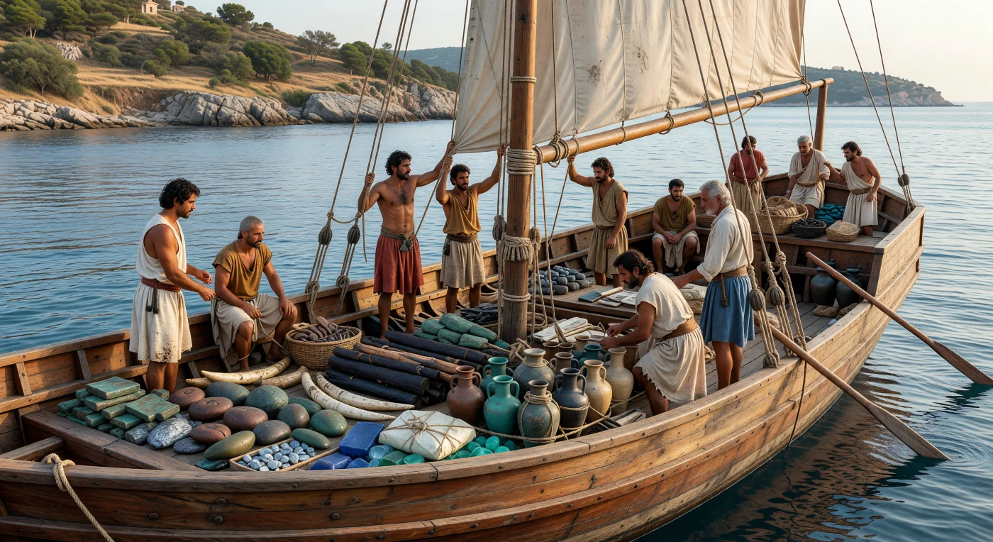 Sul ponte ingombro di questa nave mercantile del Tardo Bronzo, che solca tranquille acque azzurre al largo della costa anatolica presso Kaş, si vedono lingotti di rame a pelle di bue, stagno, tronchi d’ebano, zanne d’avorio, pani di vetro e giare cananee sigillate, mentre l’equipaggio regola la vela quadra e controlla il sartiame. La scena ricostruisce il celebre relitto di Uluburun, datato al XIV secolo a.C., una delle scoperte archeologiche più importanti per comprendere i traffici marittimi del Mediterraneo orientale. Il suo carico straordinario rivela una rete commerciale che collegava Cipro, il Levante, l’Egitto, l’Anatolia e il mondo egeo, trasportando materie prime preziose e beni di lusso attraverso un mare già profondamente interconnesso.