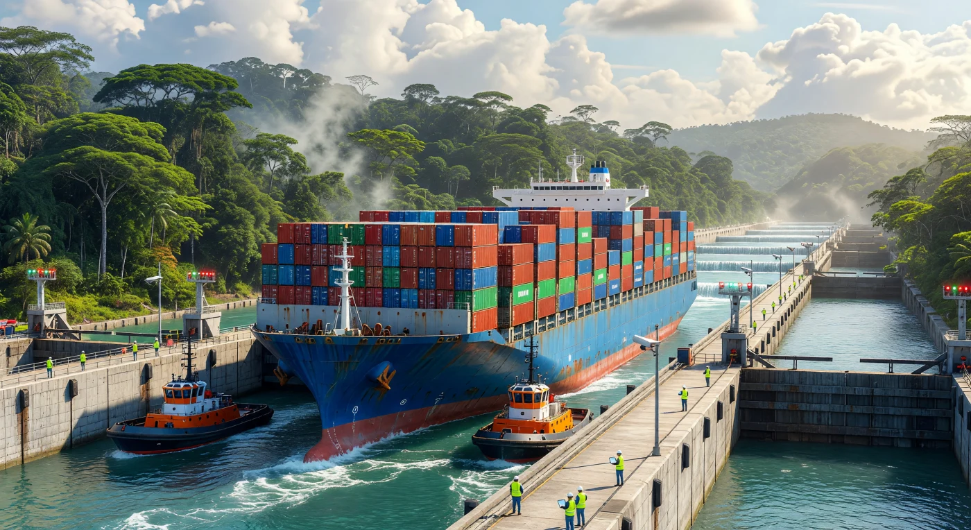 Um colossal navio porta-contêineres NeoPanamax atravessa as eclusas de Cocolí no Canal do Panamá expandido, guiado por potentes rebocadores através de águas turquesas e imponentes paredes de concreto armado. Inaugurada em 2016 para acomodar a nova geração de gigantes do comércio global, esta expansão utiliza bacias de economia de água e sistemas digitais de monitoramento que definem a logística da Era Digital. A cena contrasta a hiper-modernidade da engenharia humana com a densa floresta tropical do istmo, simbolizando a integração tecnológica e comercial das Américas no início do século XXI.