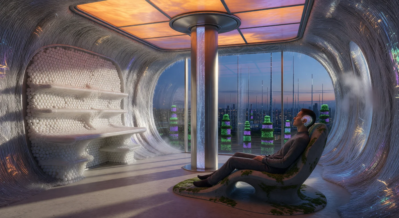 This domestic interior from the Augmented Dawn (circa 2085) illustrates the transition toward symbiotic, carbon-negative urbanism in the late 21st century. Within this Neo-Tokyo residential pod, an inhabitant utilizes a neural-interface port to interact with a living environment where smart-matter walls and self-healing bio-concrete—integrated with calcifying *Bacillus* bacteria—reconfigure in real-time. The scene highlights the era’s "Sponge City" architecture, featuring graphene-glass windows that overlook 1,200-meter carbon-nanotube spires and vertical orchards designed to mitigate the climatic shifts of the period.