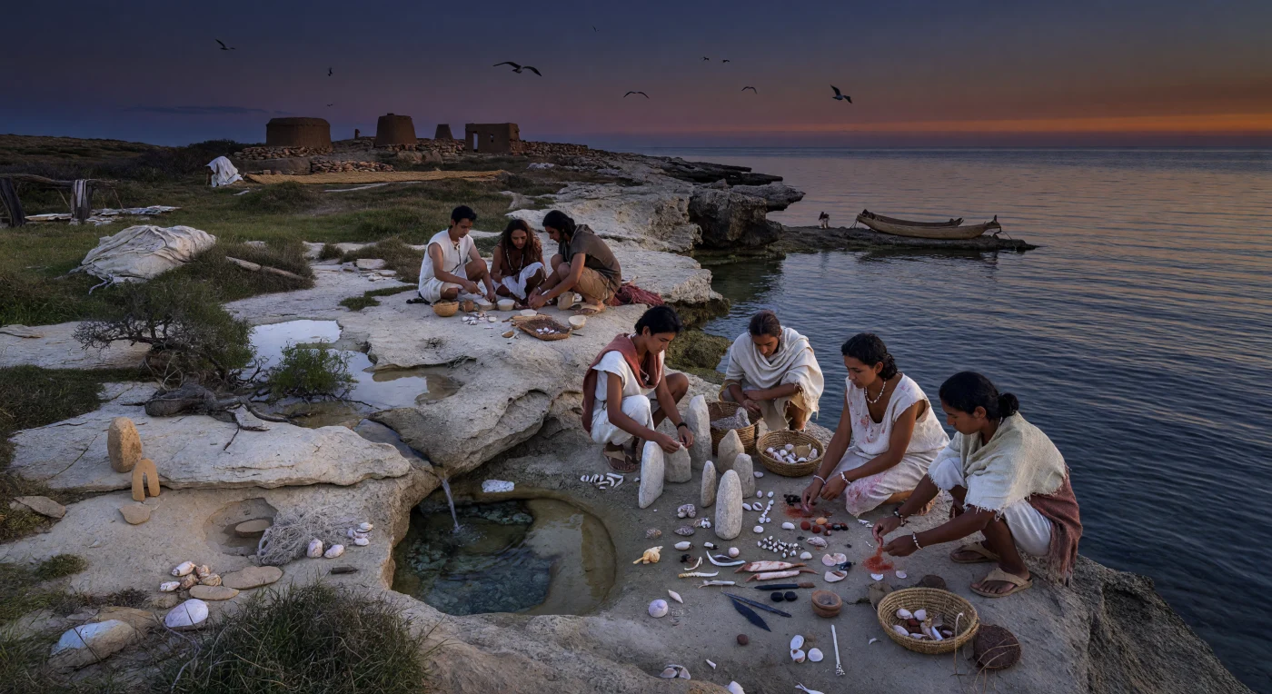 On a rocky promontory of the southern Levant, Neolithic villagers gather at dusk beside a freshwater spring that seeps into the sea, laying shells, fish bones, stone beads, and red ochre before a simple ring of upright stones. Such modest coastal shrines are plausible for the Pre-Pottery and early Pottery Neolithic, when communities along the eastern Mediterranean combined farming with fishing, shell collecting, and small-scale maritime exchange. The scene evokes the ritual importance of liminal places—where land, fresh water, and salt water met in daily life and belief.