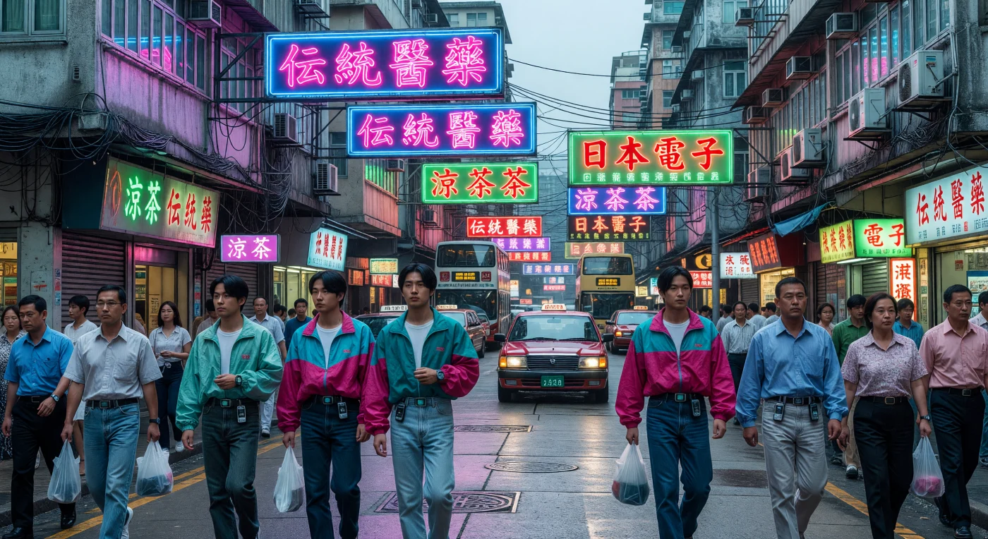 In den regennassen Straßen von Kowloon spiegelt sich 1995 das elektrische Leuchten zahlloser Neonreklamen wider, die über Passanten in der charakteristischen Mode der 90er-Jahre thronen. Die Szenerie mit ihren markanten roten Taxis und den dicht gedrängten „Tong Lau“-Gebäuden illustriert die enorme urbane Dichte und den kulturellen Übergang Hongkongs am Vorabend der Jahrtausendwende. Diese Momentaufnahme bewahrt die Ästhetik einer Ära, in der traditionelle kantonesische Einflüsse und globale Modernisierung in einem subtropischen, neonfarbenen Dunst verschmolzen.