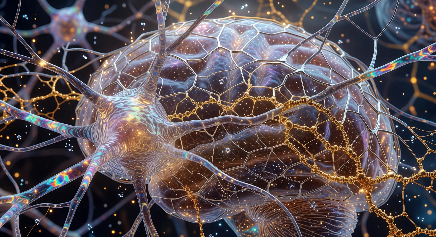 This sub-molecular visualization captures the "Consensus" interface within the cerebral cortex of an Epsilon Eridani colonist during the Interstellar Dawn (c. 3000–5000 CE). A dense lattice of femto-scale silver filaments and gold-polymer threads is seen weaving through biological neurons, bridging synaptic clefts to facilitate the synthesis of human consciousness with digital networks. The majestic, translucent architecture of the organic dendrites reflects the warm, orange hue of a K-type star, illustrating the seamless integration of biological life and advanced synthetic technology that defined the Second Millennium Expansion.