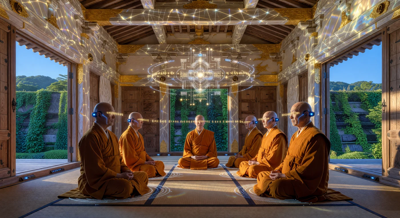 Set in the mid-21st-century "Threshold" period (c. 2050 CE), this scene depicts a Data-Sangha ritual within a 14th-century Kyoto Zen temple preserved by a molecular nanotech stasis field. Buddhist monks, equipped with Type-IV Neural Interfaces and smart contact lenses, sit upon graphene-based induction mats to generate a collective "Cognitive Mandala" via quantum-optical projection. This tableau illustrates the era's peak integration of biological consciousness and synthetic intelligence, occurring as East Asia achieved energy autonomy through the Pan-Asian Fusion Grid.