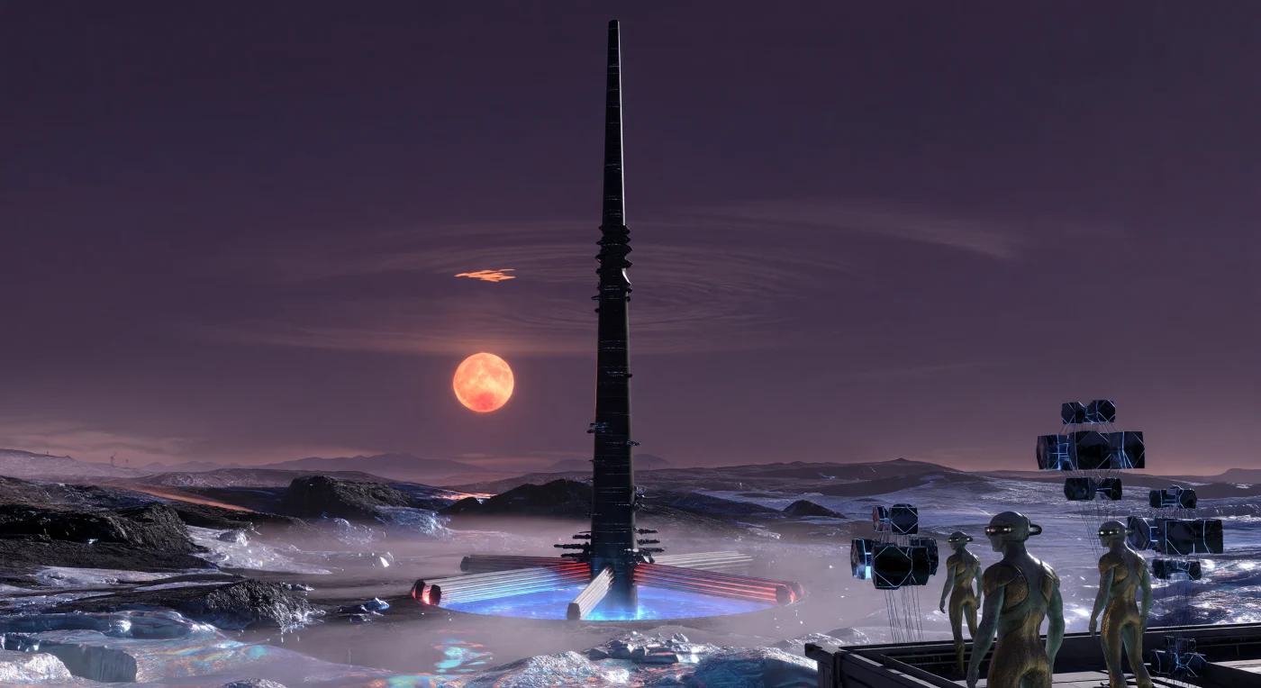 Set during the Galactic Age approximately 10,000 years into the future, this scene depicts the Obsidian Needle, a massive spire of neutronium-infused steel on the high-gravity world of Epsilon Eridani b. The structure’s base is illuminated by the haunting blue light of Cherenkov radiation, while the horizon is dominated by a bloated orange-red star casting long shadows over frozen methane flows. Observing the spire are brachymorphic post-humans and synthetic "Shard" entities, showcasing the biological and technological evolution required for life to thrive in 1.8g environments across the interstellar frontier.