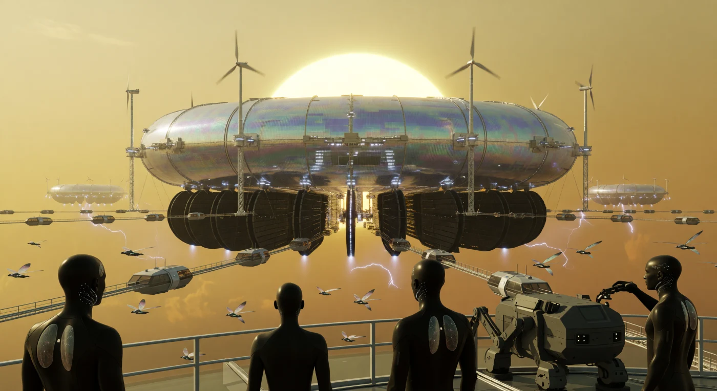 De New Leningrad Aerostat-hub zweeft als een vijf kilometer breed technologisch wonder 52 kilometer boven het verzengende oppervlak van Venus tijdens het tijdperk van 'The Convergence' (2100-2200). In deze gematigde zone maken gigantische blaasbalgen gebruik van atmosferische koolstoffixatie om nanobuisjes te produceren, aangedreven door de intense zonnestraling op de iriserende huid van het station. Op de observatiedekken leven genetisch aangepaste Aeros-Humans met hun kenmerkende pulmonale filtersymbionten samen met biomimetische Syntho-Avian-zwermen, terwijl robuuste Litho-Drones zich voorbereiden op de verpletterende druk van 90 bar op de planeetbodem.