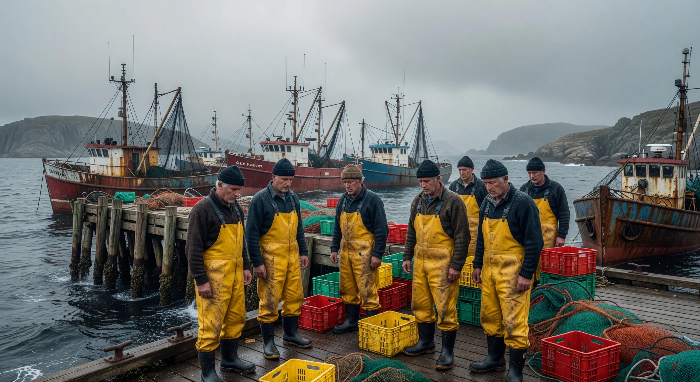 Weary Newfoundland fishermen clad in yellow PVC oilskins and wool toques stand dejected on a weathered wharf following the announcement of the 1992 Grand Banks cod moratorium. This pivotal moment in Canadian history saw the federal government halt the Northern cod fishery to save the species from extinction, resulting in the largest mass layoff in the nation's history. The idle steel-hulled trawlers and abandoned gear in the background symbolize the sudden end of a five-century-old industry and the subsequent economic devastation of Atlantic coastal communities.