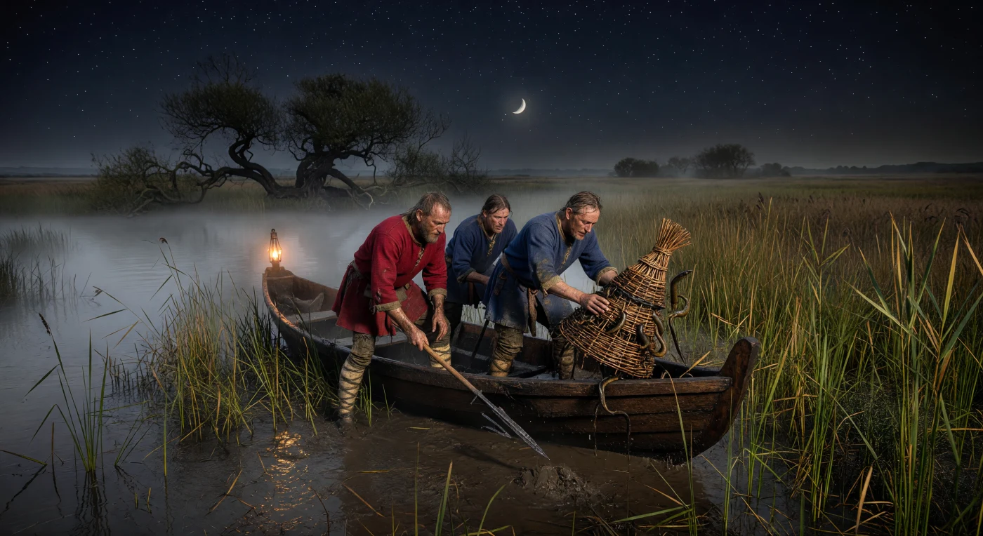 Anglo-Saxon villagers navigate the 8th-century East Anglian Fens in a hand-carved oak dugout, utilizing the cover of night to harvest eels from the marshy labyrinth. These peasants, or ceorls, employ traditional woven willow traps and iron-pronged leister spears, tools that remained essential for survival in the wetlands of early medieval England. Eels were a vital economic resource during this period, serving as a primary protein source and a common form of currency used to pay rents and tithes.